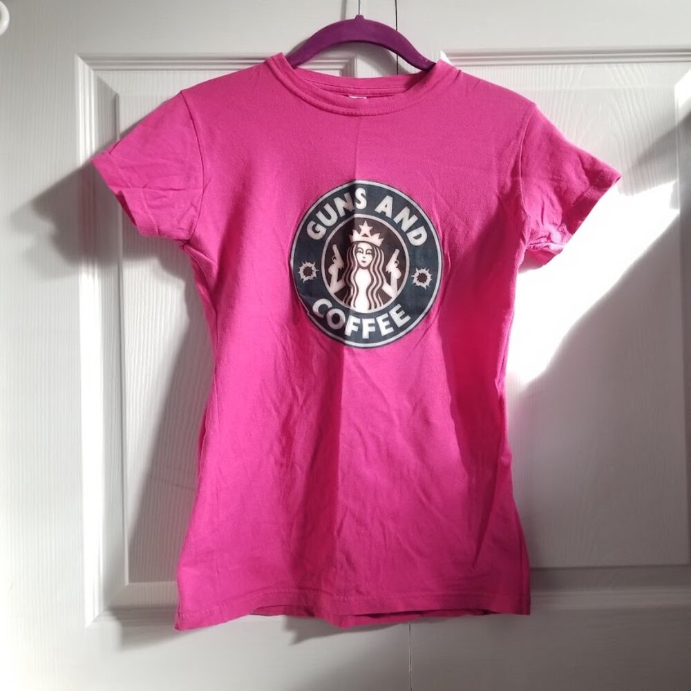 Guns and Coffee Women's T-Shirt Small Hot Pink Parody Humor Fitted Logo